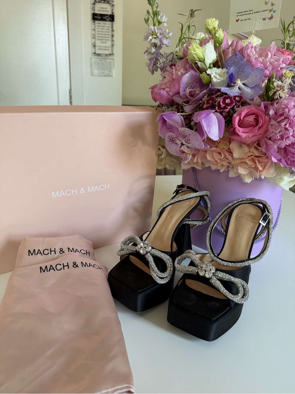 MACH & MACH Black Platform Sandals with Crystal Bow Accents